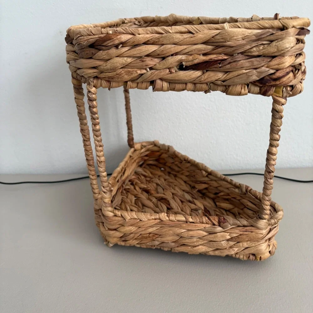 Woven Seagrass 2-Tier Corner Shelf Organizer Natural Fiber Boho Storage Basket